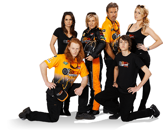 The Upper Middle Bogan cast dressed in merch.